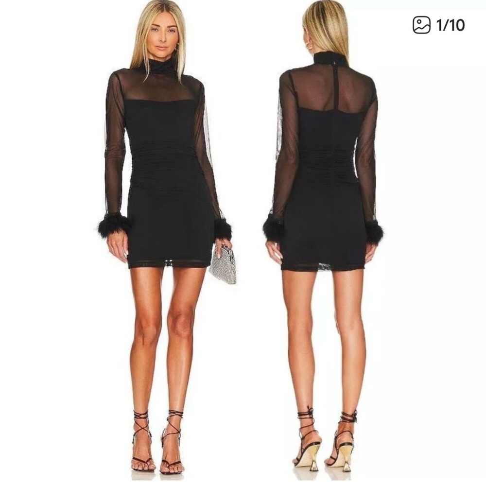 Amanda Uprichard Vixen Mini Dress Ruched Long Sleeve Feather Trim Black Size S